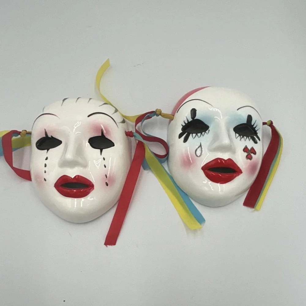 2 White Ceramic Painted carnival Face Masks wall Art